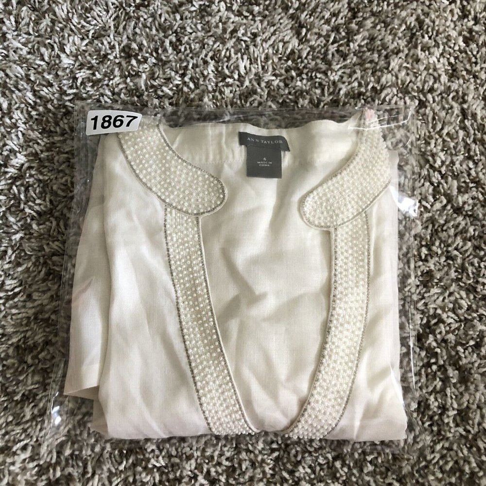 Ann Taylor Off White Beaded 100% Linen Long Sleeve V Neck Popover Tunic Top SZ 4 - Picture 8 of 8